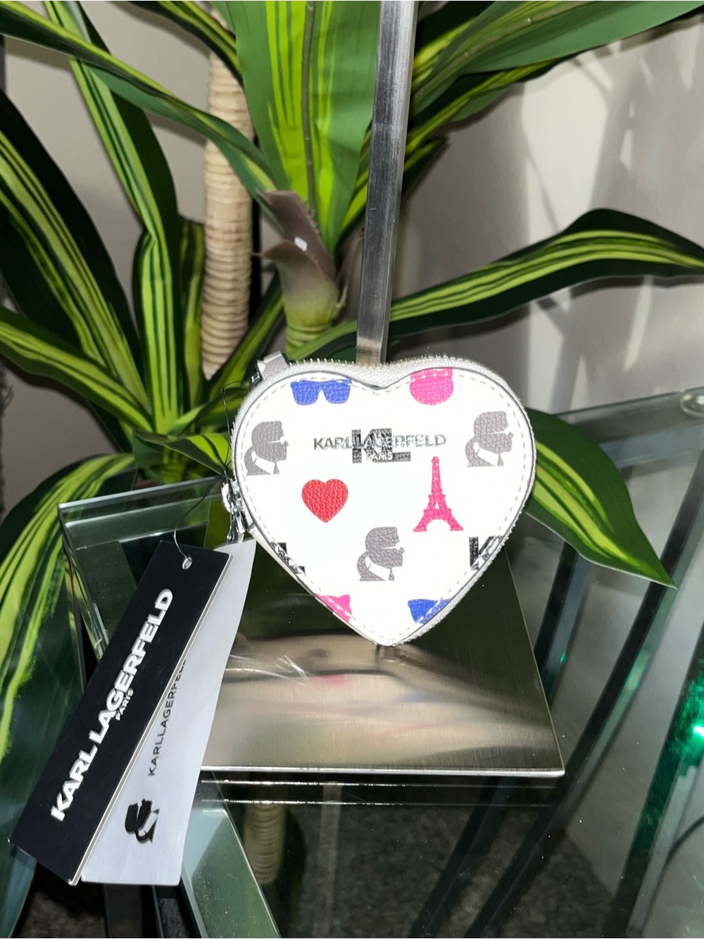 Karl Lagerfeld White Heart Coin Pouch with Red & Blue Accents